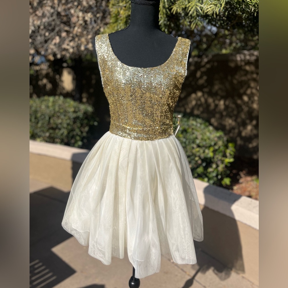 B. Smart Sequined Prom or Formal Dress with Sheer Overlay size 9/10